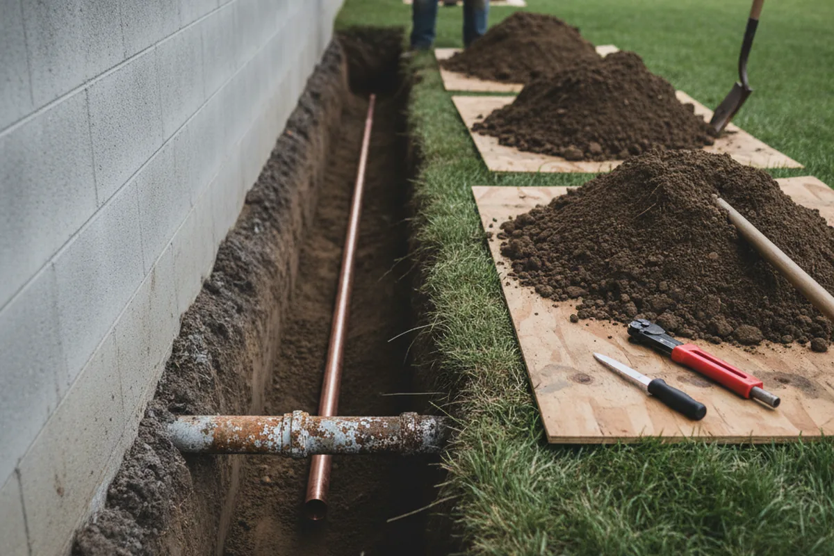 Excavated water line trench during Water Softener Installation in Redway